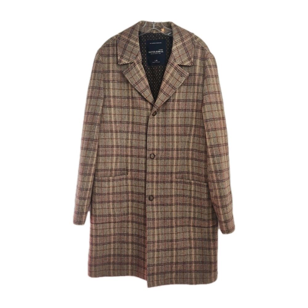 VTG Nautica Jeans Co. Wool-blend Overcoat Men's L Brown‎ Plaid Button-Up